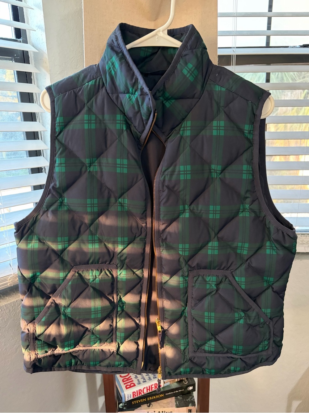 J. Crew Quilted Plaid Vest in Navy and Green